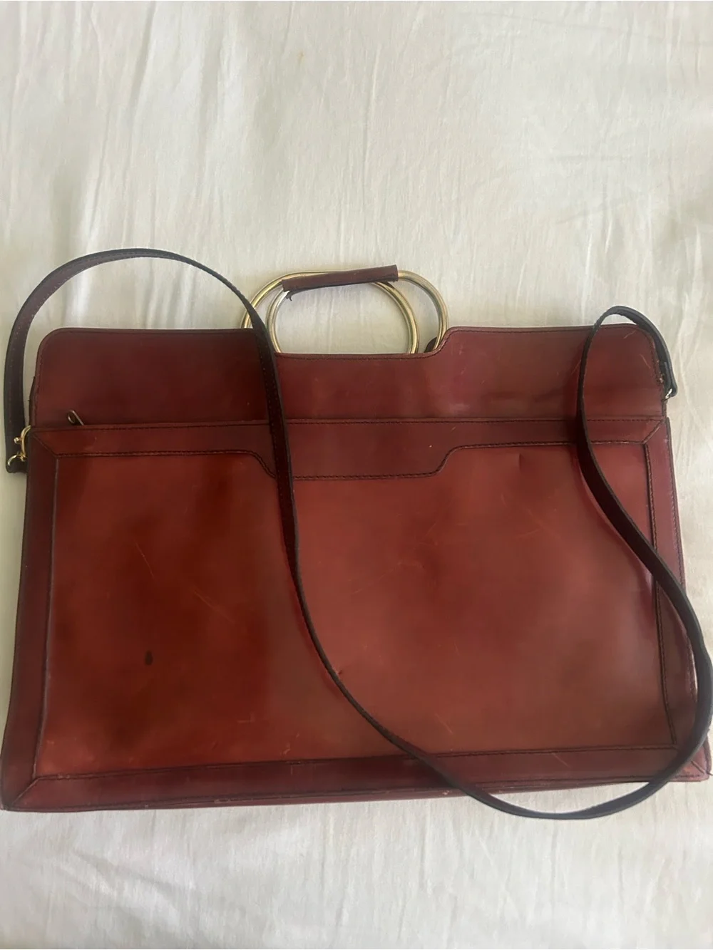 VINTAGE Leather Satchel Bag with Gold Handle - Brown